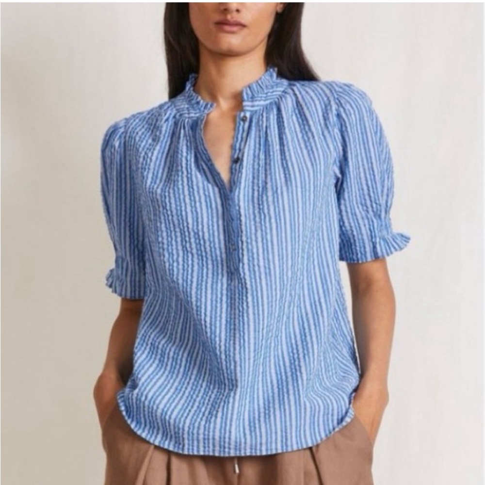 Apiece Apart Los Altos Popover Blouse in Seersucker Blue Stripe Women's Small